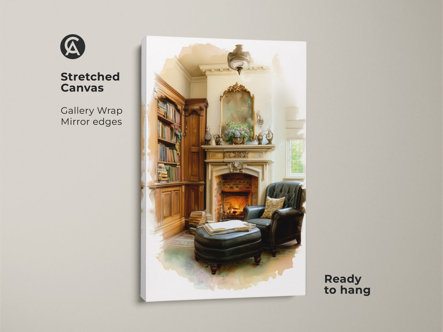 A stretched canvas print shows a cozy library interior with a fireplace and leather armchair. This gallery-wrapped artwork features mirrored edges and is ready to hang. Ideal traditional study decor for book lovers. The warm tones and classic elements add sophistication to any space. Perfect housewarming gift art.