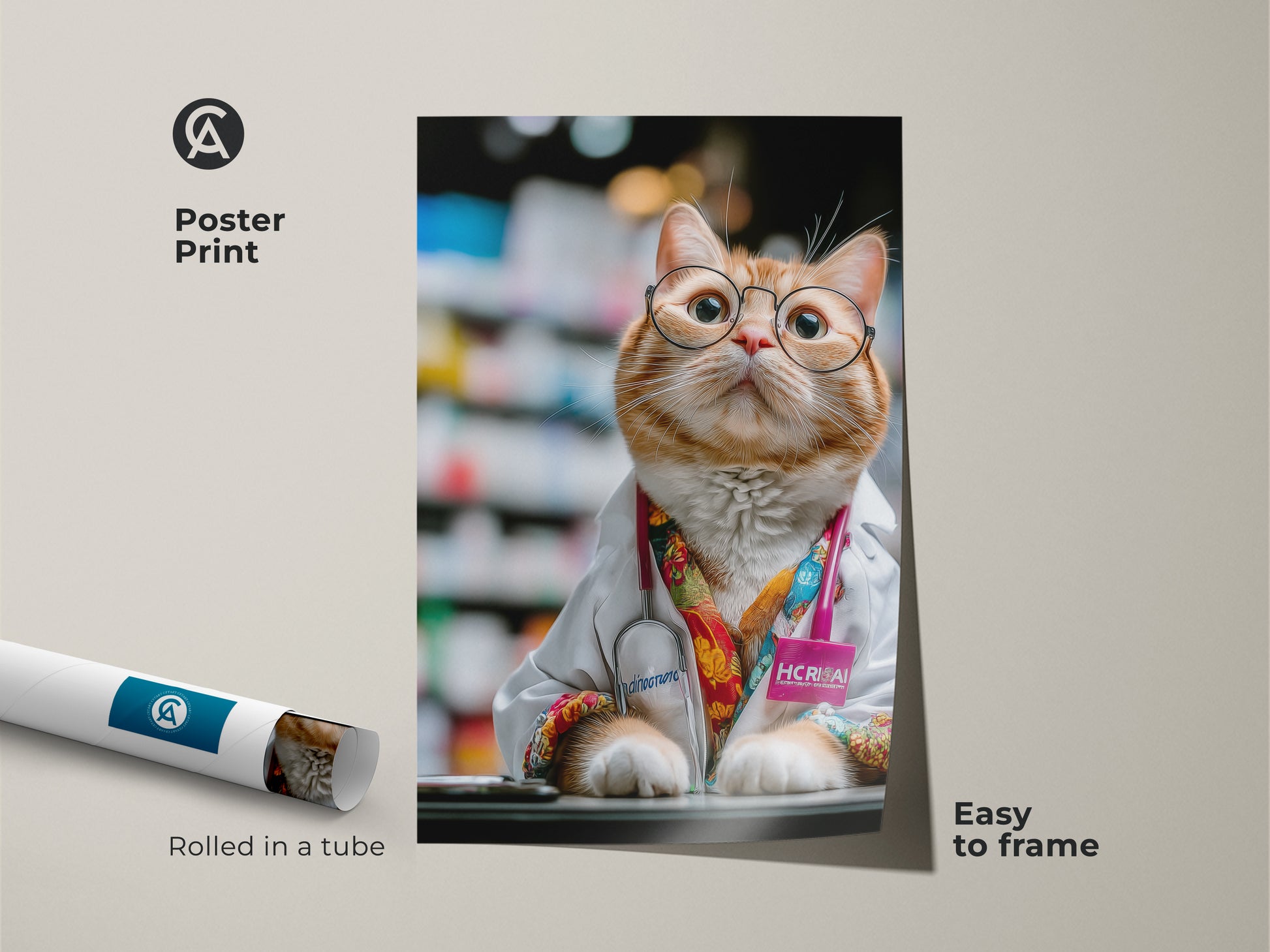 Poster print of an orange cat dressed as a doctor. This funny animal artwork is ideal for office spaces. It is a thoughtful veterinarian gift. The cat lover wall decor showcases humorous professional art. This quirky cat portrait print is easy to frame.