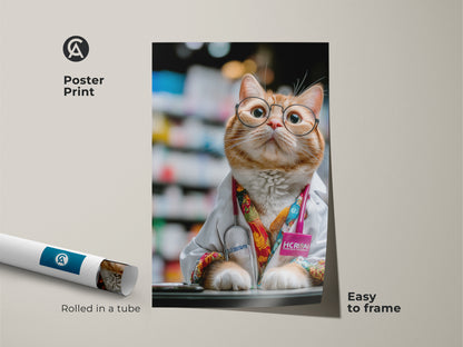 Poster print of an orange cat dressed as a doctor. This funny animal artwork is ideal for office spaces. It is a thoughtful veterinarian gift. The cat lover wall decor showcases humorous professional art. This quirky cat portrait print is easy to frame.