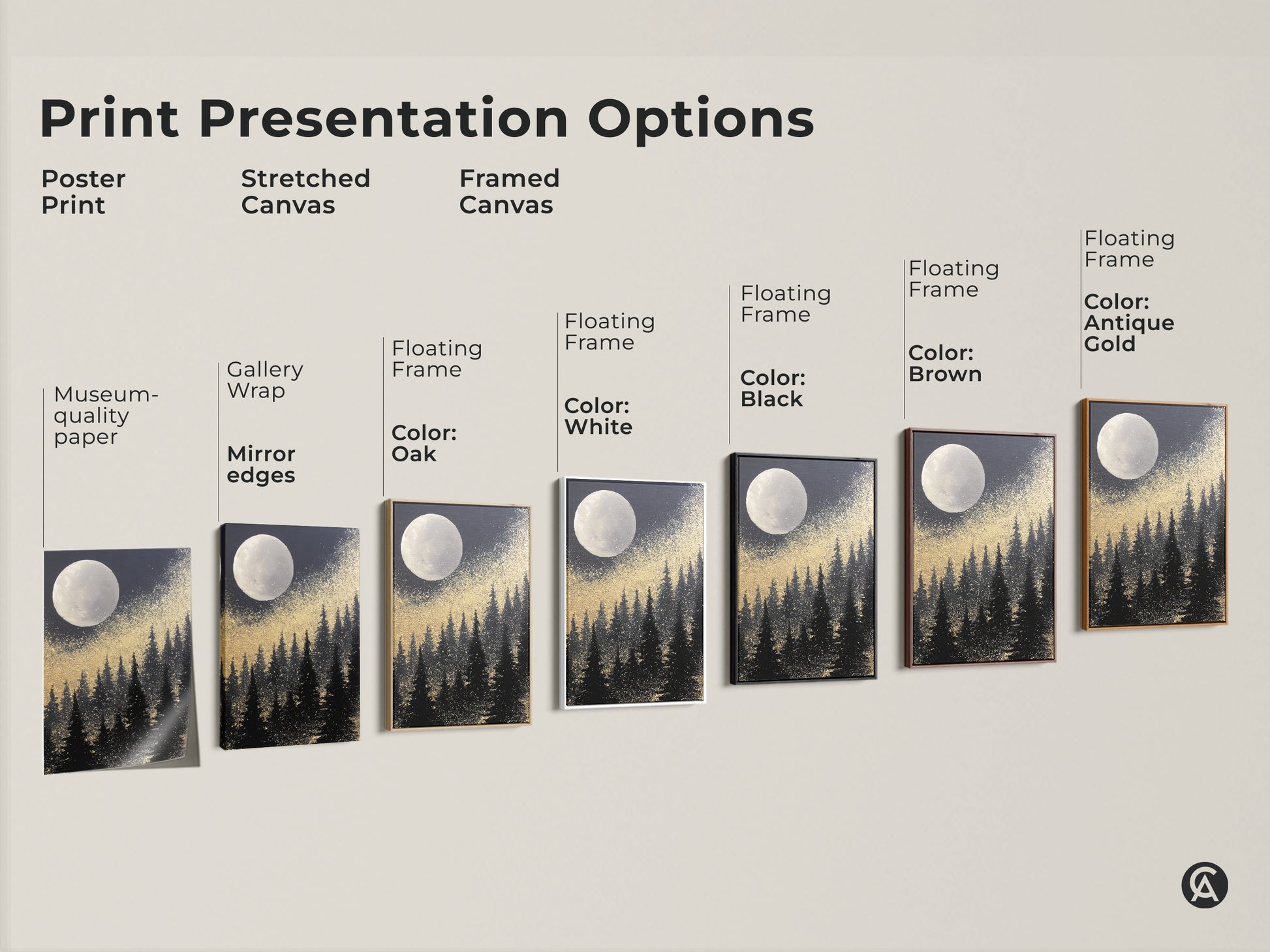 Explore print presentation options for the Abstract Moon Forest canvas art. Choose from poster print stretched canvas or framed canvas. Available with museum-quality paper gallery wrap and floating frames. Frame colors include oak white black brown and antique gold. Find the perfect style to match your home decor.