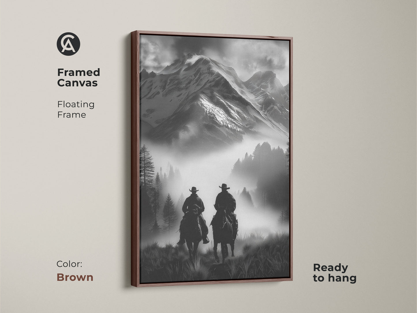 Framed canvas in brown featuring a monochrome cowboy art. The floating frame showcases this horseback riding canvas ready to hang. The rustic mountain wall art is perfect for western enthusiasts.