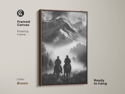 Framed canvas in brown featuring a monochrome cowboy art. The floating frame showcases this horseback riding canvas ready to hang. The rustic mountain wall art is perfect for western enthusiasts.