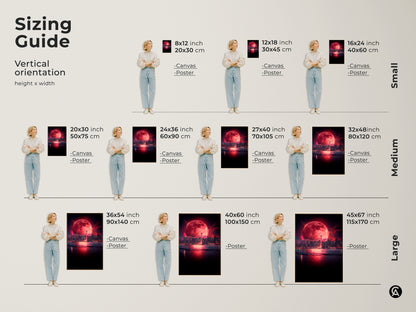Sizing guide for surreal cityscape art prints featuring a crimson red moon. Available in small medium and large sizes for canvas and poster options. Find the perfect fit for your space with this fantasy night sky print. Great for wall decor