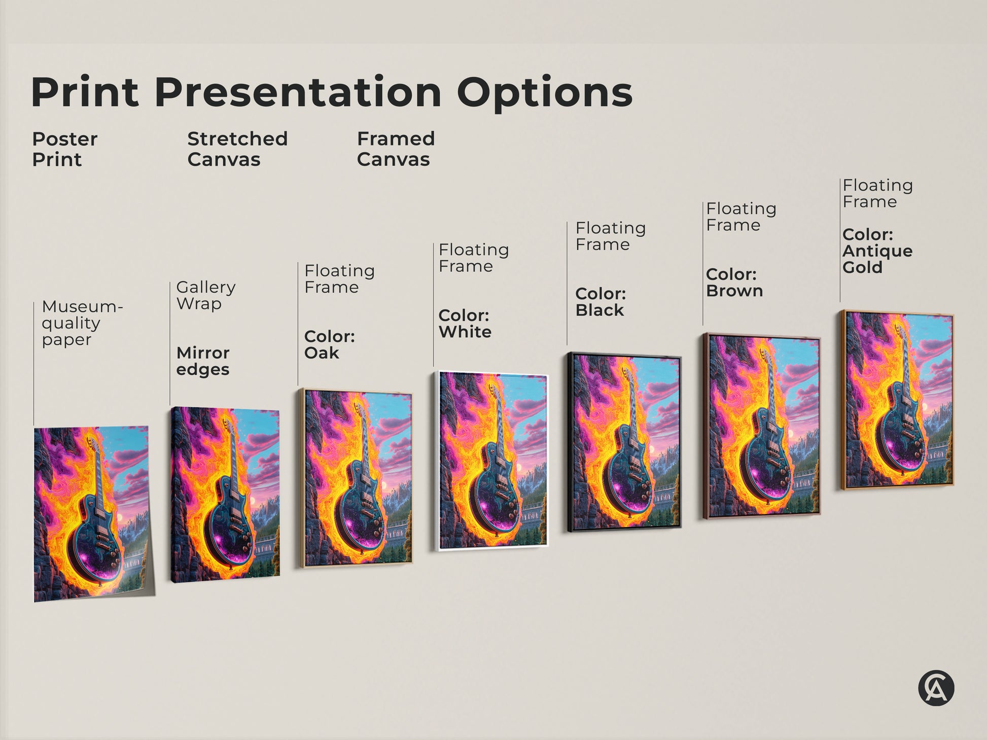 Print presentation options for psychedelic electric guitar art. Museum quality paper poster prints stretched canvas and framed canvas. Floating frame options include black brown antique gold oak and white. Abstract cosmic mountain landscape. Intense color options for eclectic home decor.