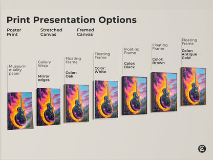 Print presentation options for psychedelic electric guitar art. Museum quality paper poster prints stretched canvas and framed canvas. Floating frame options include black brown antique gold oak and white. Abstract cosmic mountain landscape. Intense color options for eclectic home decor.
