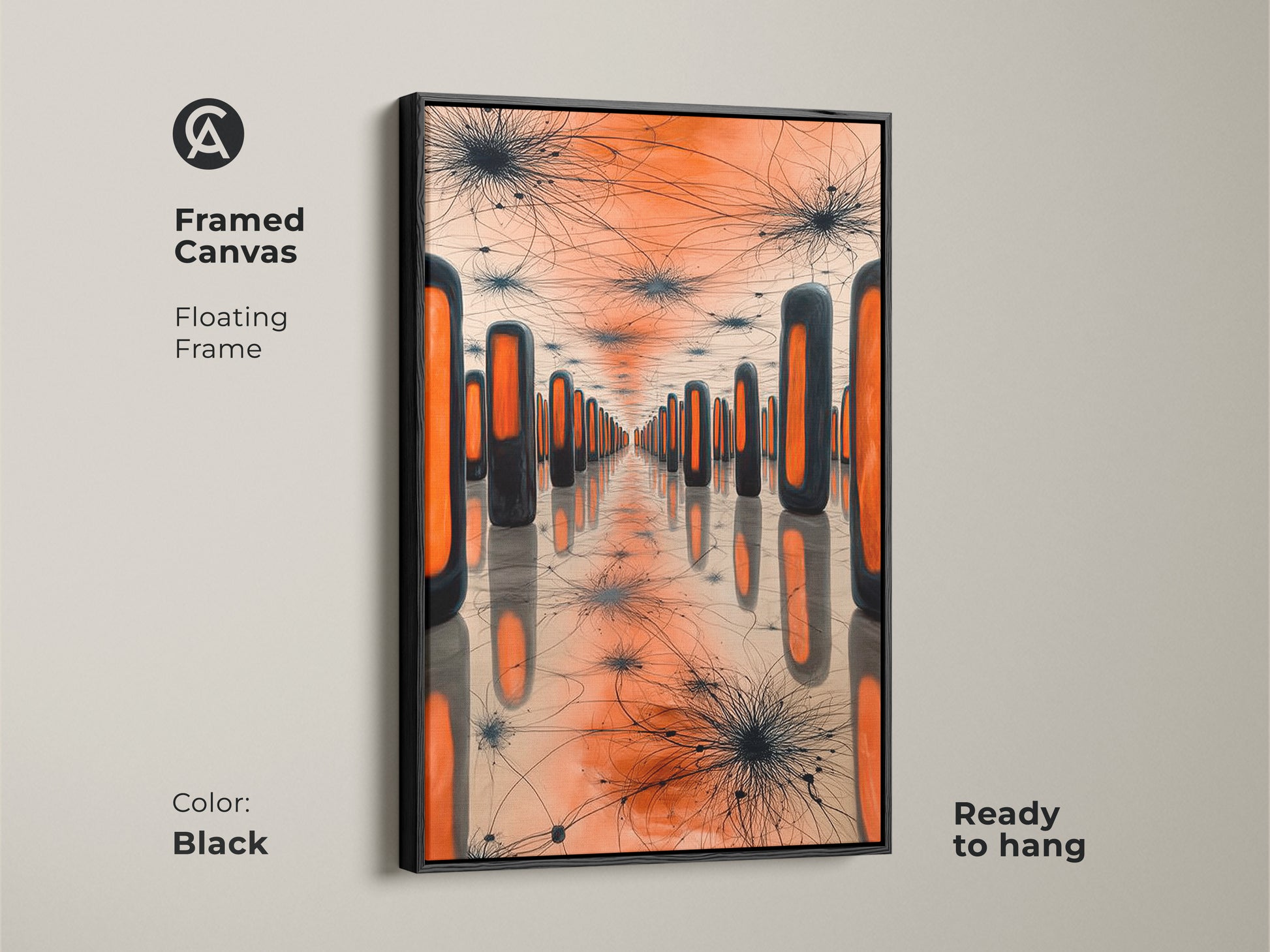 Framed canvas showcasing geometric surreal art with a black floating frame. Orange and black abstract rectangles and spiky forms create a modern visual art piece. Ready to hang for contemporary decor.