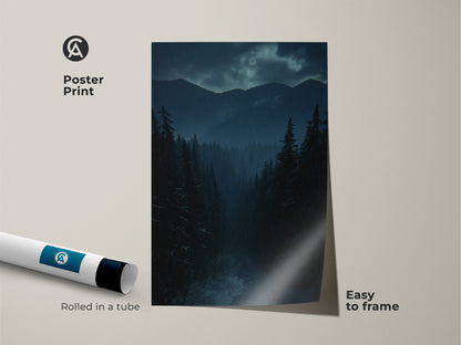 Poster print of a serene winter scene. The dark blue home decor features an atmospheric landscape. This forest path art print is rolled in a tube and easy to frame. Perfect outdoor lover gift.