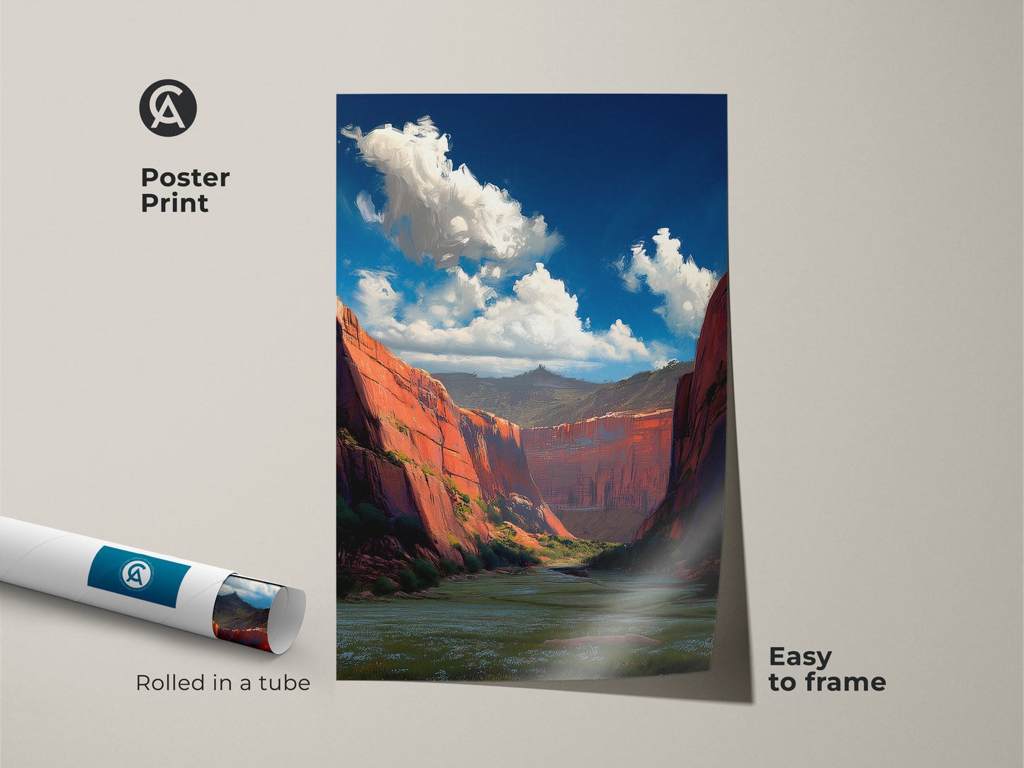 A poster print of a canyon landscape wall art. The impressionistic art print showcases a scenic nature artwork. The grand canyon style art is easy to frame. This desert scenery print is rolled in a tube for protection. It's a great gift for those who love nature inspired wall hangings.