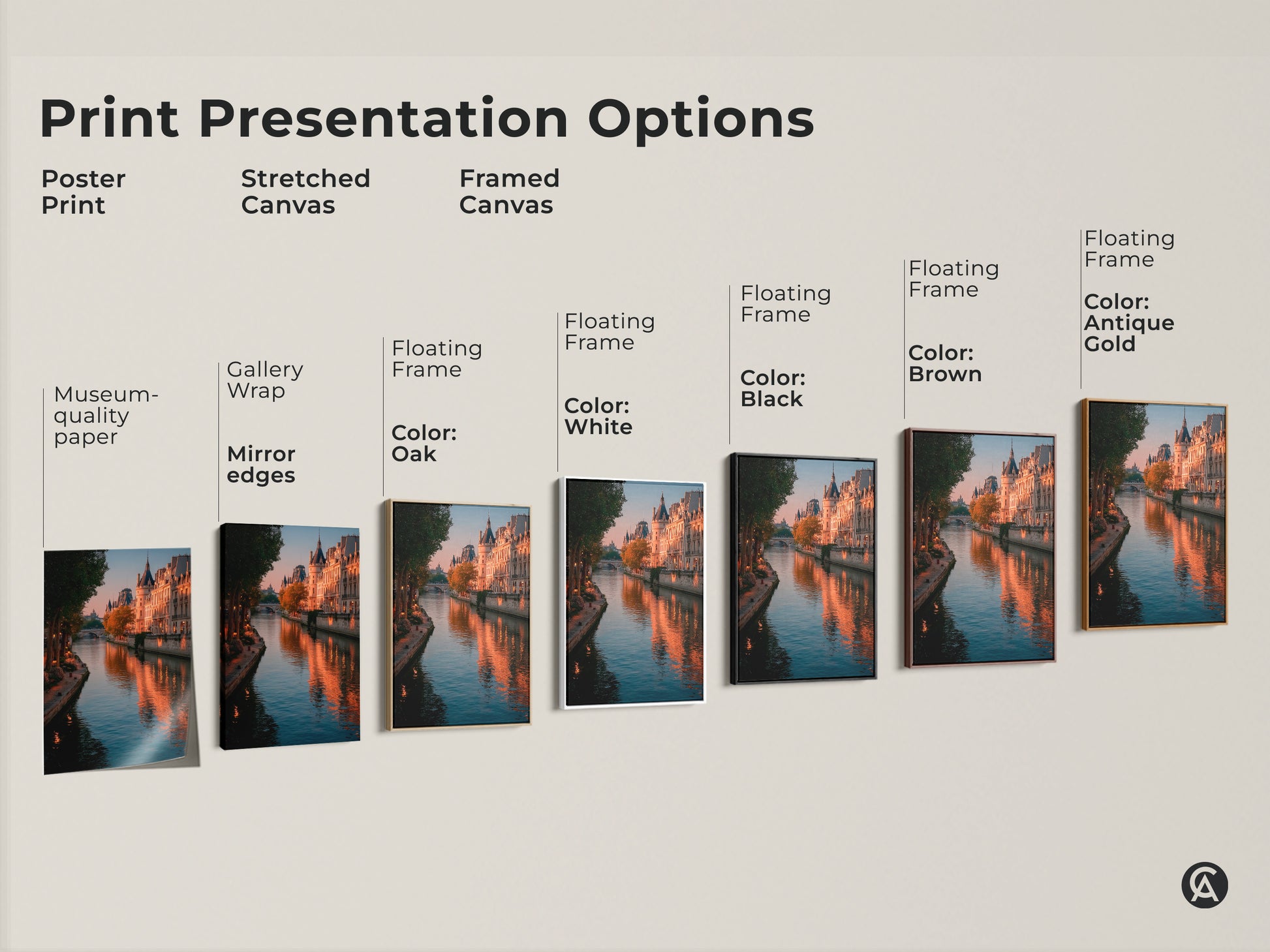 Print presentation options for Parisian cityscape artwork. Options include a poster print a stretched canvas and a framed canvas. Each showcases Seine River photography. Golden hour lighting accentuates Parisian buildings. Find the perfect style for your contemporary home decor today.
