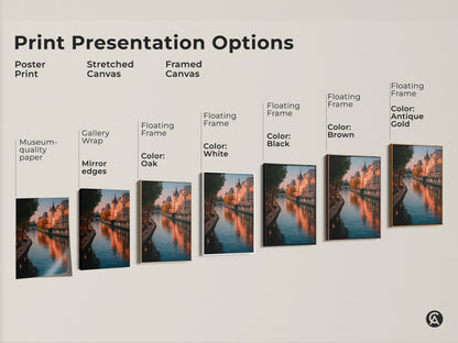 Print presentation options for Parisian cityscape artwork. Options include a poster print a stretched canvas and a framed canvas. Each showcases Seine River photography. Golden hour lighting accentuates Parisian buildings. Find the perfect style for your contemporary home decor today.