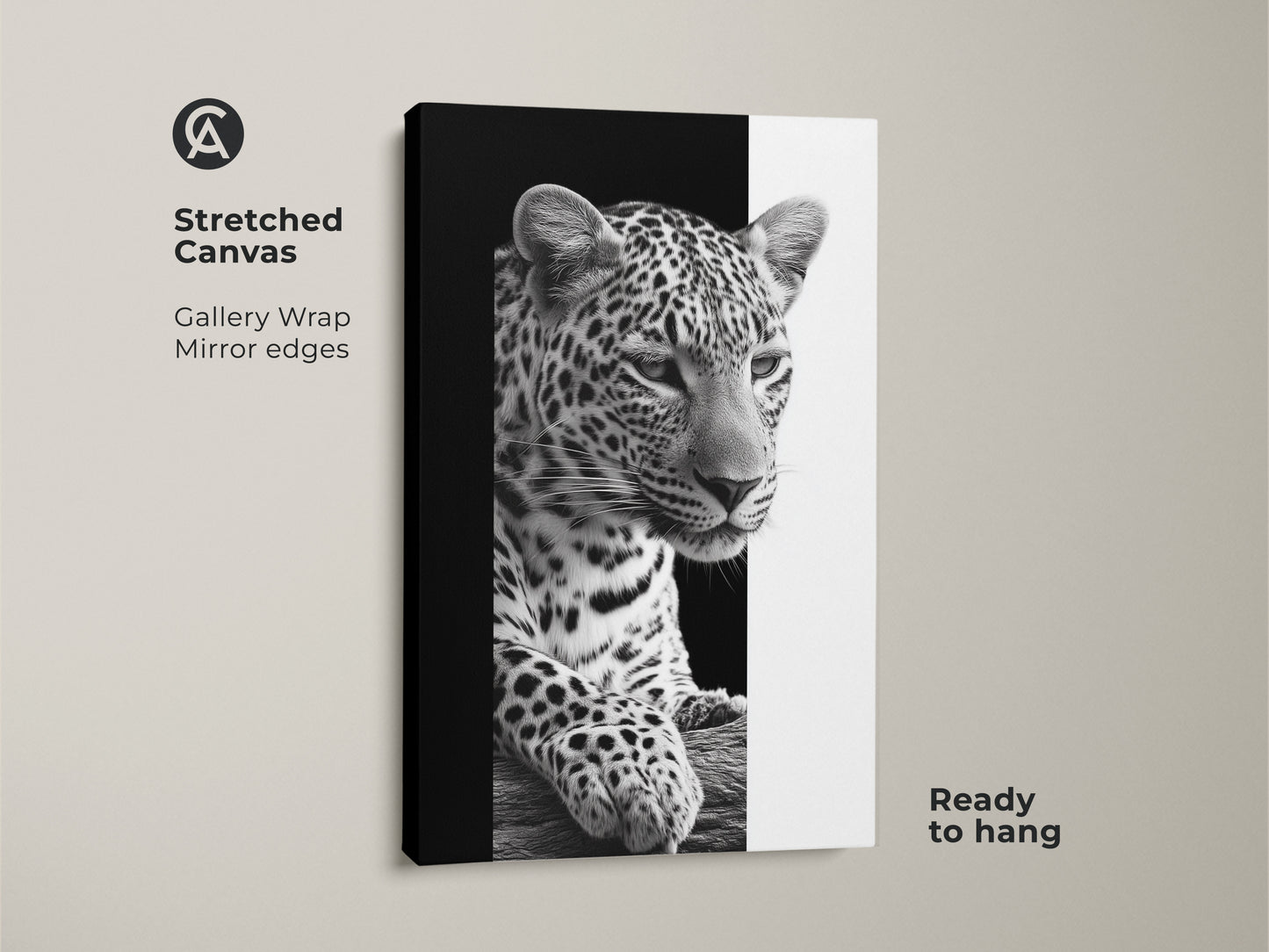 A stretched canvas featuring a monochrome leopard. This gallery wrap has mirror edges and is ready to hang. It's a black and white wildlife art piece offering contemporary animal decor. Ideal as bedroom wall art or living room canvas print. A great gift for animal lovers enhancing any home office with its chic style.