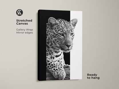 A stretched canvas featuring a monochrome leopard. This gallery wrap has mirror edges and is ready to hang. It's a black and white wildlife art piece offering contemporary animal decor. Ideal as bedroom wall art or living room canvas print. A great gift for animal lovers enhancing any home office with its chic style.