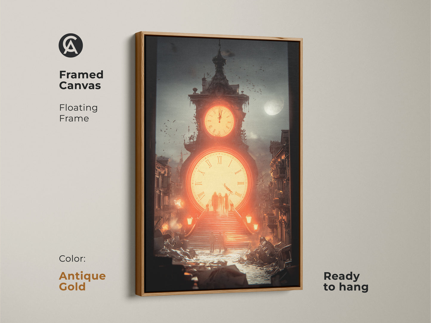 The antique gold floating frame complements the surreal clock tower canvas print. This steampunk artwork is ready to hang. It makes a bold statement as modern industrial artwork.