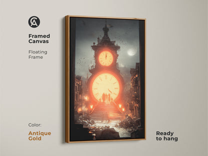 The antique gold floating frame complements the surreal clock tower canvas print. This steampunk artwork is ready to hang. It makes a bold statement as modern industrial artwork.