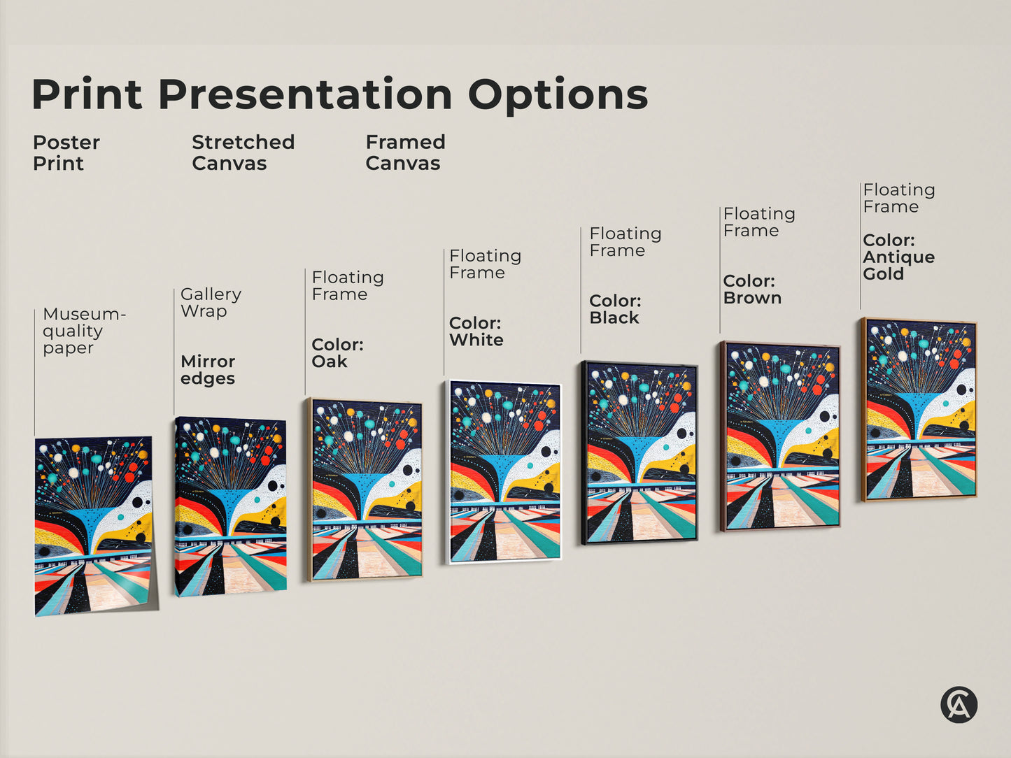 Print presentation options for abstract bowling canvas. Choices include poster print stretched canvas and framed canvas. Select from museum quality paper gallery wrap or floating frames. Colors include black brown oak white and antique gold.