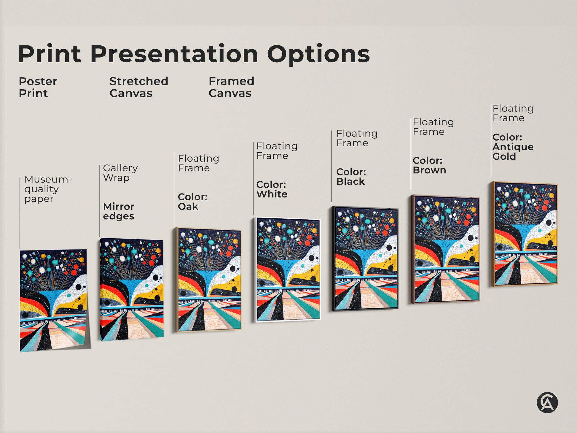 Print presentation options for abstract bowling canvas. Choices include poster print stretched canvas and framed canvas. Select from museum quality paper gallery wrap or floating frames. Colors include black brown oak white and antique gold.