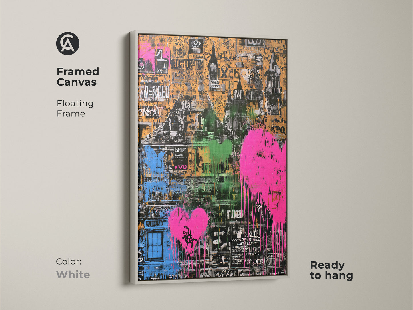 White framed canvas print of an abstract urban cityscape. Features a graffiti heart in bold pink green and orange colors. Ready to hang this artwork adds a modern eclectic touch. Ideal wall art for city lovers and contemporary homes.