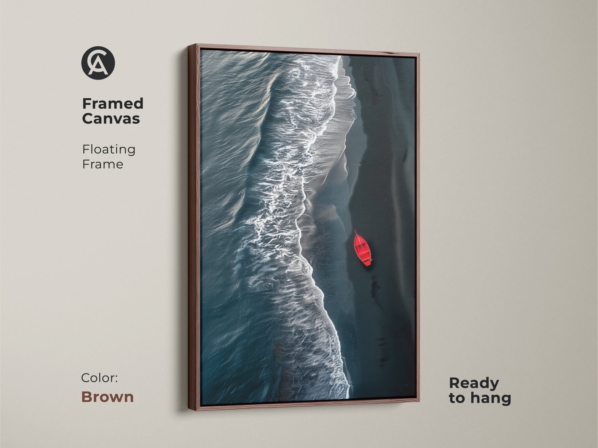 Framed minimalist ocean art. Aerial view of deep teal coastal waves and a striking red boat artwork. Perfect beach wall decor for coastal homes. The print brings modern seascape serenity to any room. A great housewarming gift for ocean lovers. Brown frame.