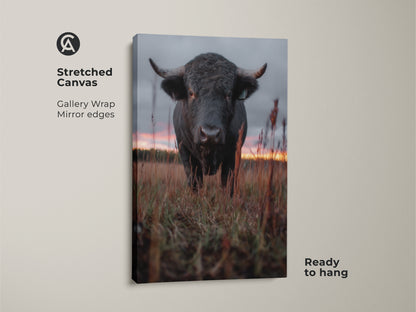 Stretched canvas of a photorealistic bull art print. It's a rustic farmhouse wall art piece ready to hang. The gallery wrap features mirror edges. Ideal wildlife animal painting for bedroom decor. Perfect country style home decor.