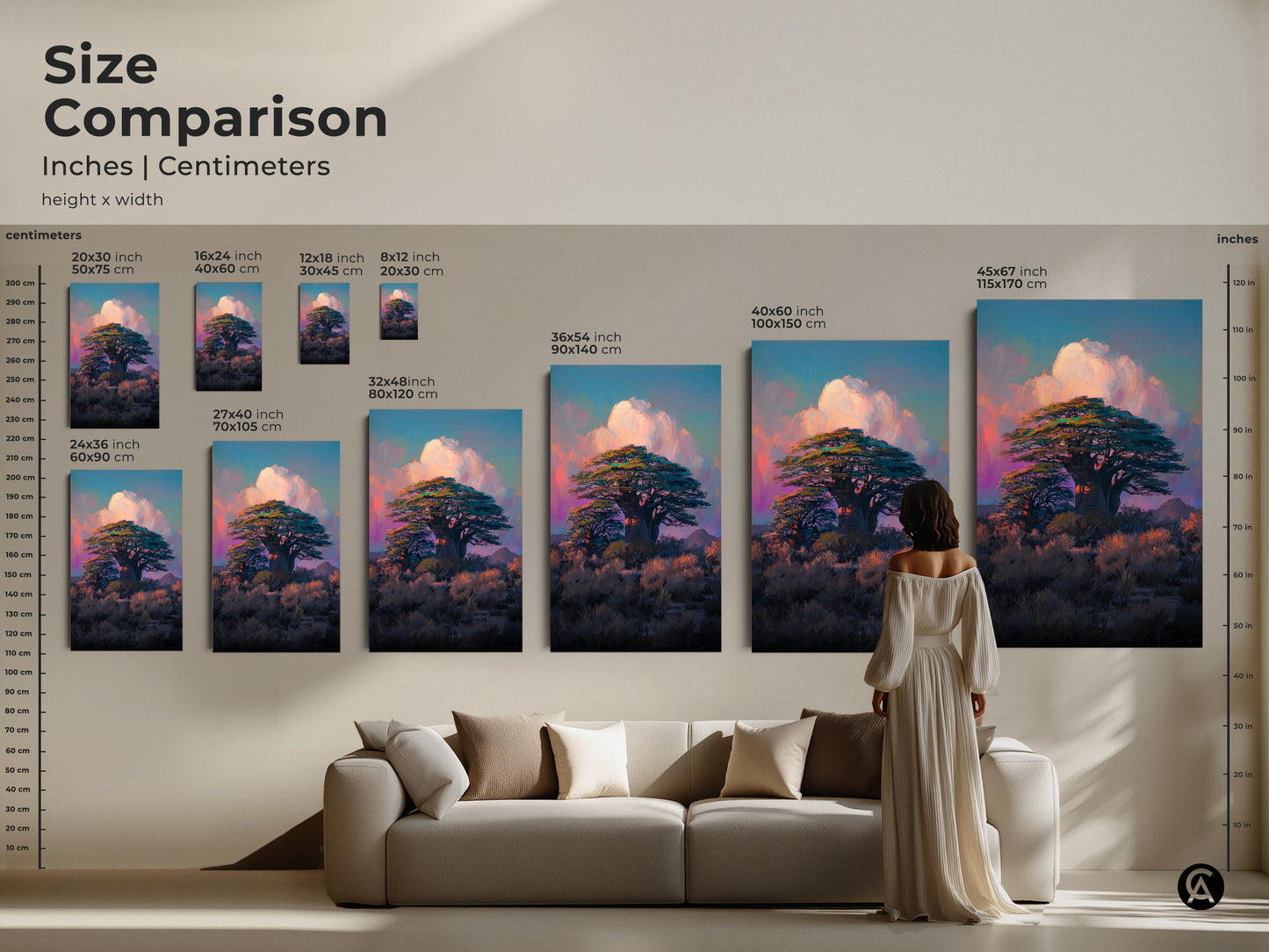 Size comparison of Baobab tree artwork in inches and centimeters. This large landscape canvas print is great for travel lovers. Find the perfect size for your bohemian bedroom art.