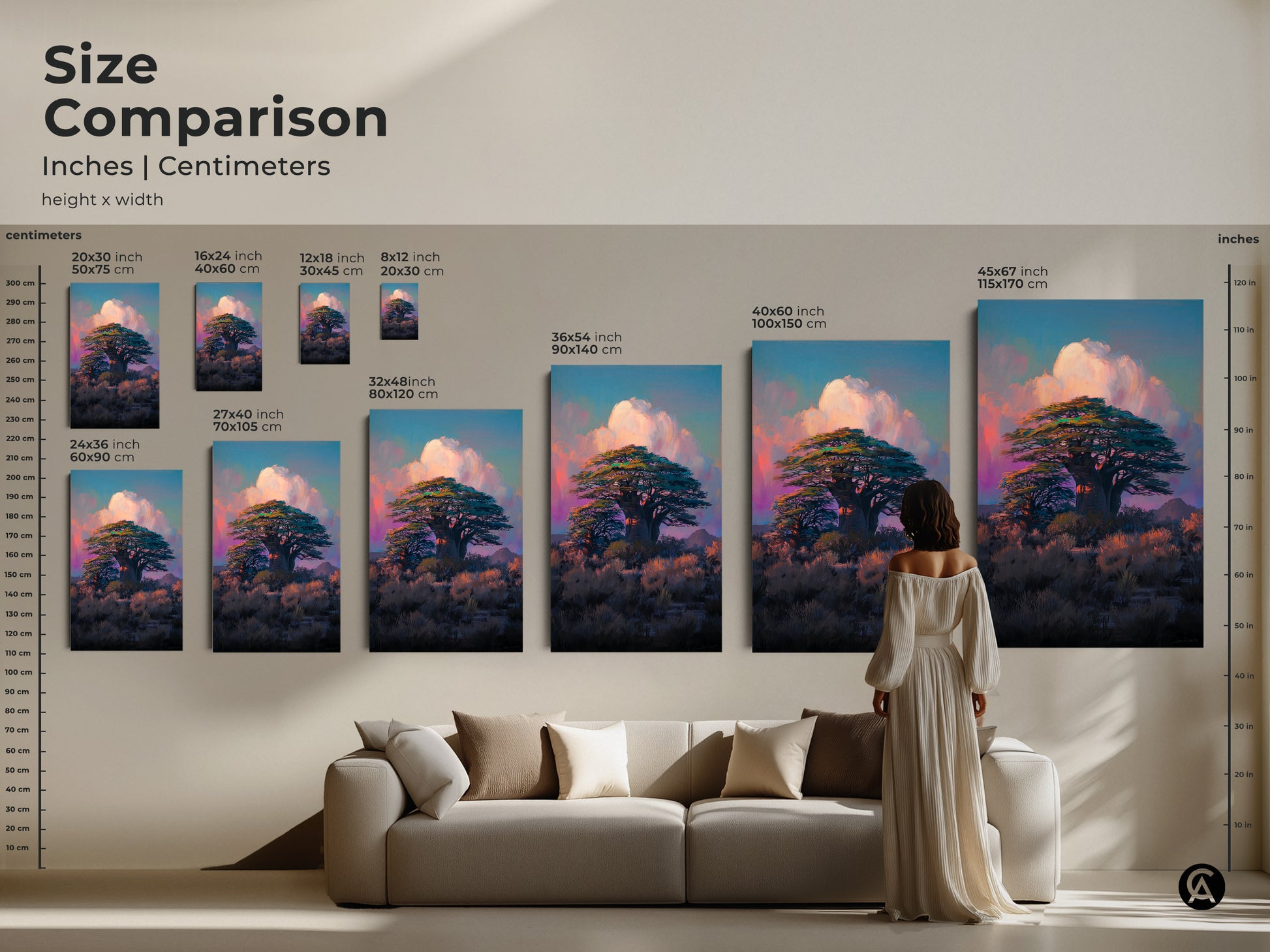 Size comparison of Baobab tree artwork in inches and centimeters. This large landscape canvas print is great for travel lovers. Find the perfect size for your bohemian bedroom art.