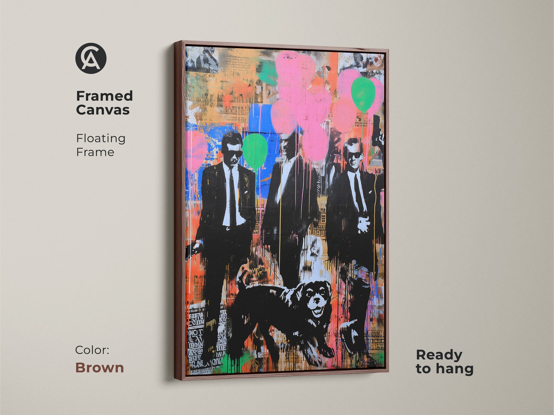 Brown Framed Canvas of Men in Suits Dog Urban Art. The floating frame enhances the vibrant graffiti background. A perfect statement piece for an eclectic home decor. This pink orange and black artwork adds a modern touch to any room. Ready to hang.