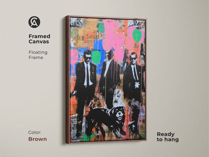 Brown Framed Canvas of Men in Suits Dog Urban Art. The floating frame enhances the vibrant graffiti background. A perfect statement piece for an eclectic home decor. This pink orange and black artwork adds a modern touch to any room. Ready to hang.