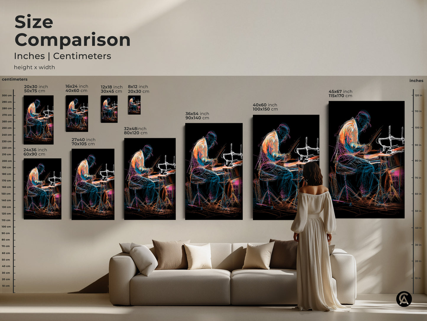 Size comparison of the abstract drummer artwork. See how the canvas and poster fit in different spaces. Line art musician print. Eclectic drum set canvas in orange blue and teal. Ideal for studio office wall art.