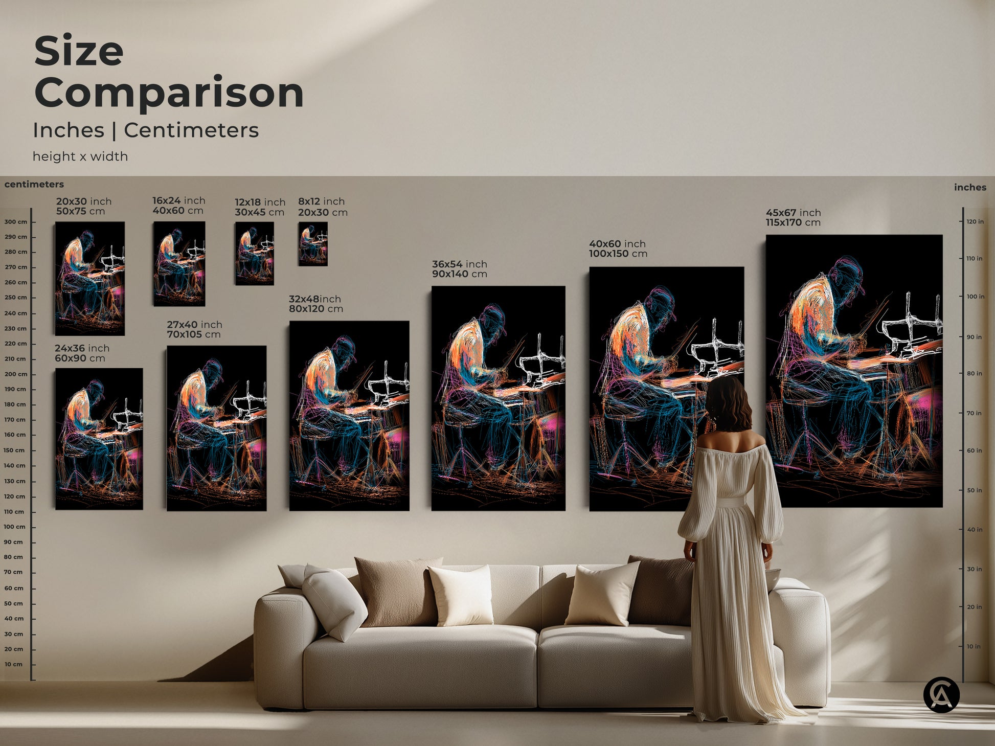 Size comparison of the abstract drummer artwork. See how the canvas and poster fit in different spaces. Line art musician print. Eclectic drum set canvas in orange blue and teal. Ideal for studio office wall art.