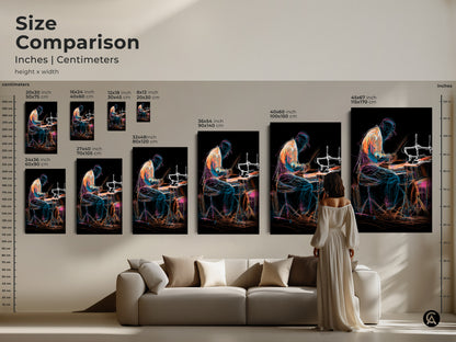 Size comparison of the abstract drummer artwork. See how the canvas and poster fit in different spaces. Line art musician print. Eclectic drum set canvas in orange blue and teal. Ideal for studio office wall art.