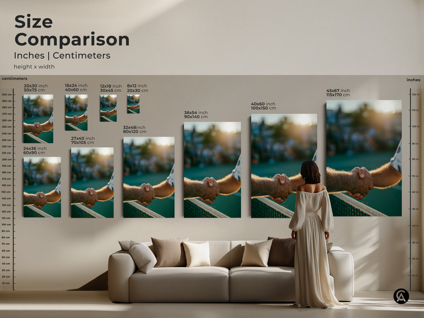 A size comparison chart for artwork. Inches and centimeters are shown. See the art piece in 20x30 12x18 36x54 sizes. Compare sizing on a wall or above furniture. Find the perfect fit for your space.