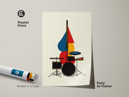 Poster print of an abstract drum set art piece arrives rolled in a tube. The mid century modern geometric artwork is easy to frame. This music-themed wall decor features red blue and yellow colors. Ideal as a musician gift it brings a retro touch to any space.