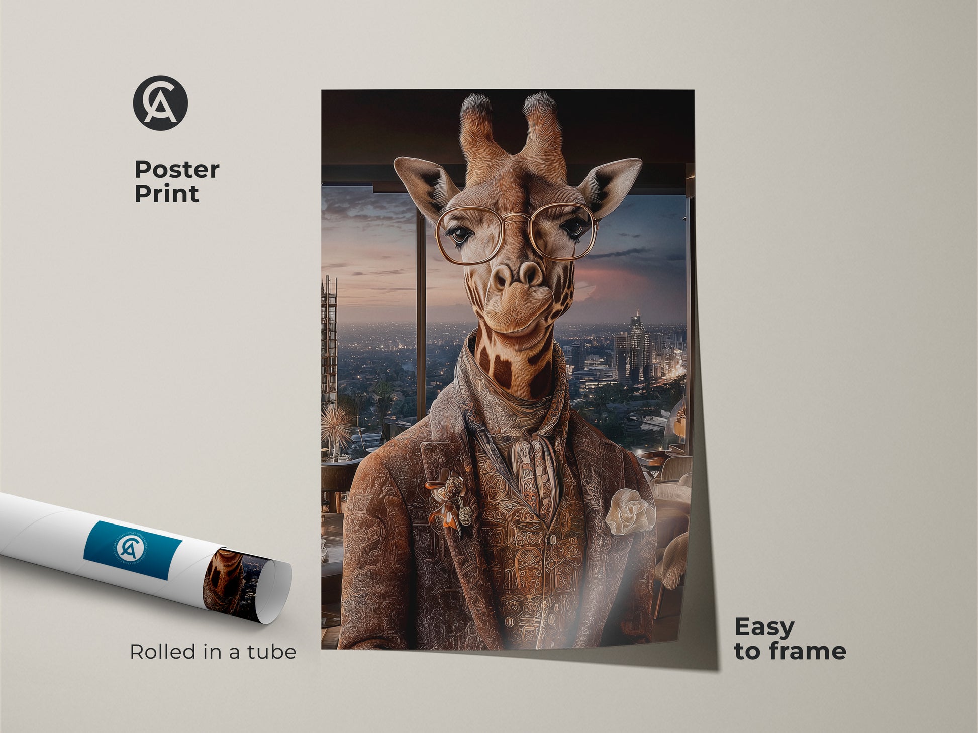 Poster print of a dapper giraffe wearing glasses and a suit. It is an easy to frame animal themed artwork rolled in a tube. Sophisticated art adds character to any animal themed home decor.