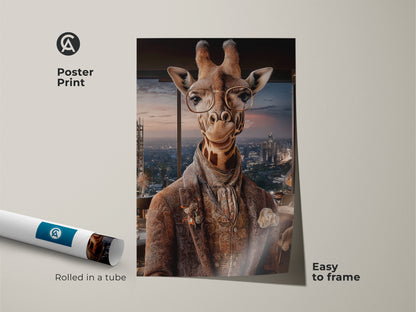 Poster print of a dapper giraffe wearing glasses and a suit. It is an easy to frame animal themed artwork rolled in a tube. Sophisticated art adds character to any animal themed home decor.