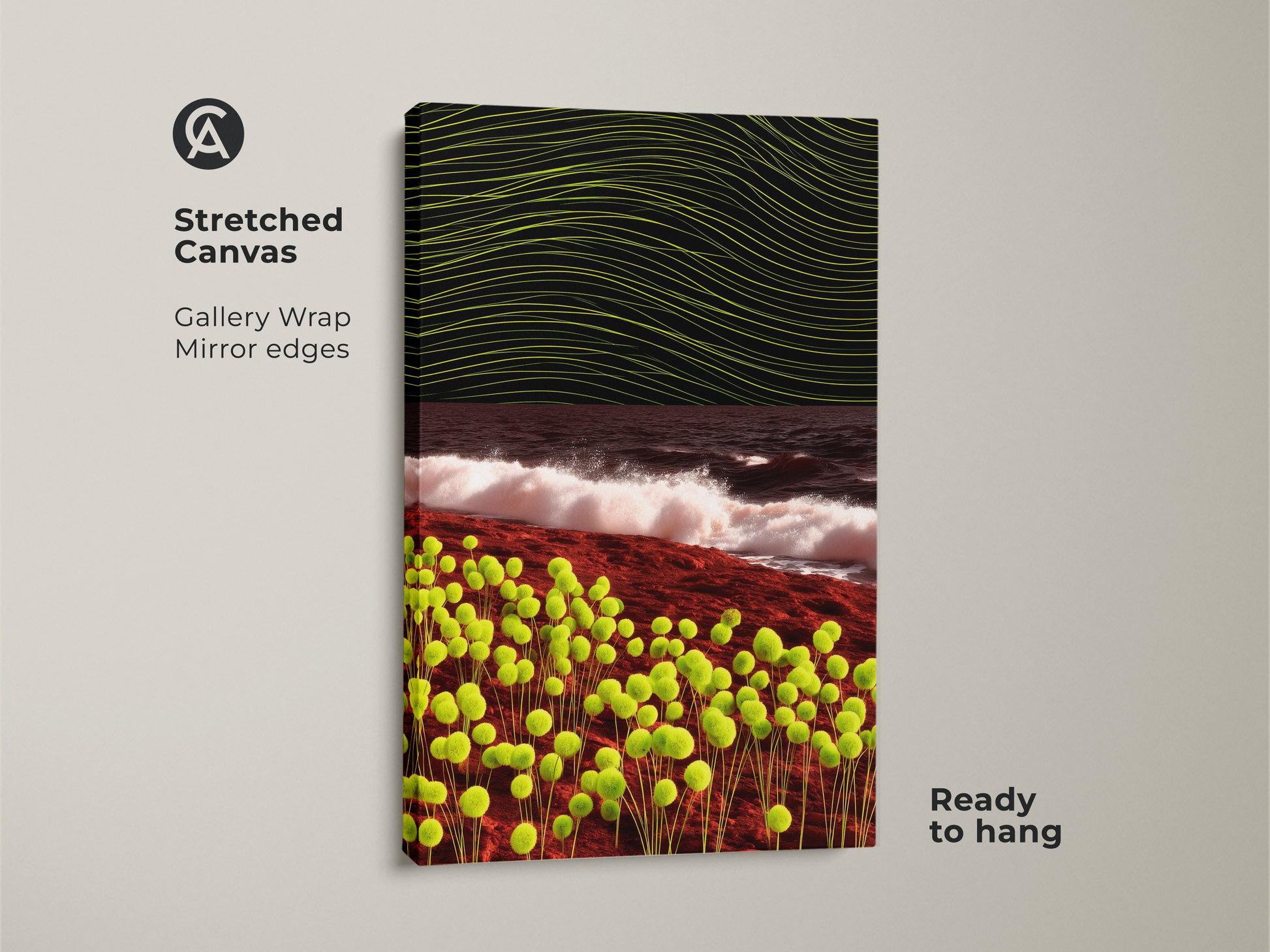 Stretched canvas art print showcasing abstract orbs and waves. Gallery wrapped with mirror edges and ready to hang. Features a surreal landscape in lime green and dark brown.