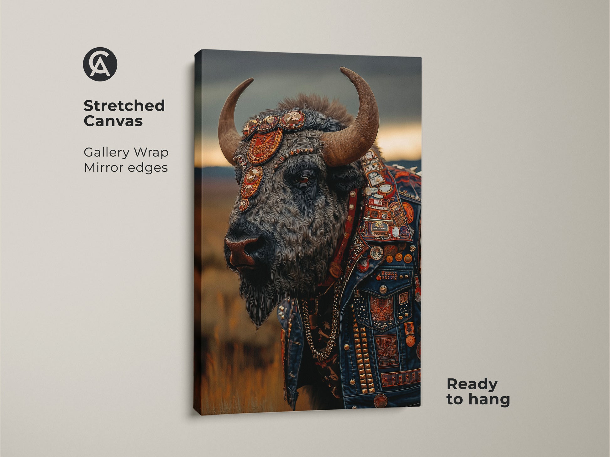 This is a stretched canvas print. A bison wears a studded leather jacket. The art is gallery wrapped. It has mirror edges. This punk rock wall art is ready to hang. It is perfect as man cave animal decor. It makes an eclectic home office art piece. It's dark blue gray wildlife art.