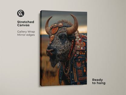This is a stretched canvas print. A bison wears a studded leather jacket. The art is gallery wrapped. It has mirror edges. This punk rock wall art is ready to hang. It is perfect as man cave animal decor. It makes an eclectic home office art piece. It's dark blue gray wildlife art.