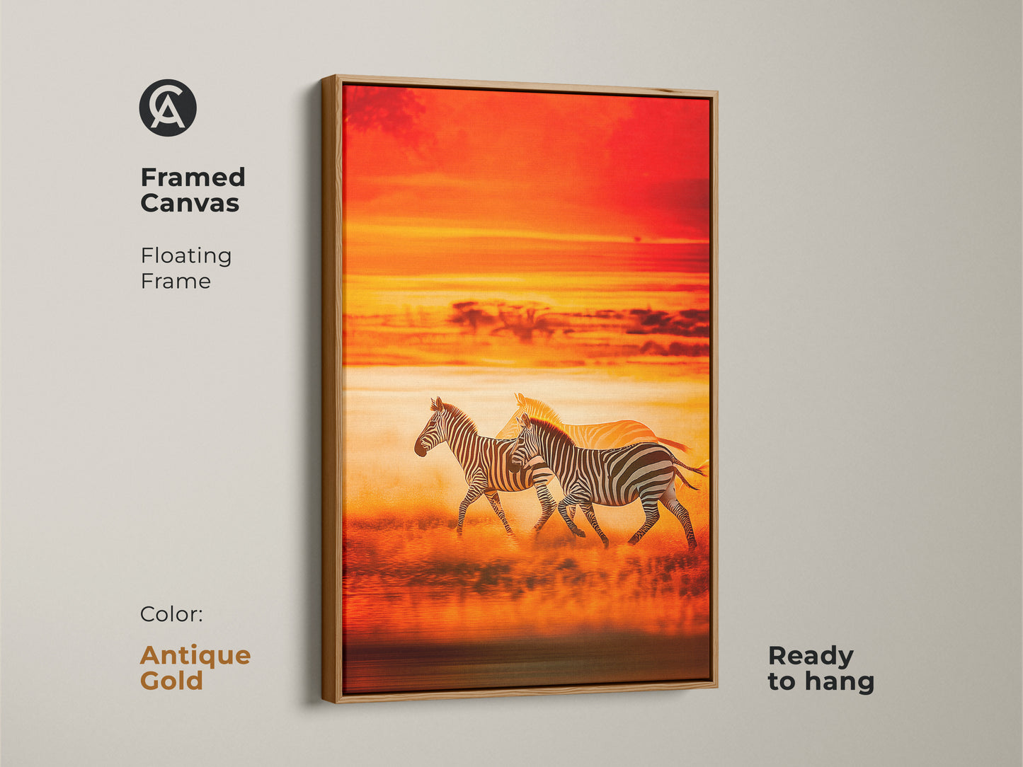 Framed zebra canvas art in antique gold. This piece shows an African savanna sunset. This eclectic wall hanging is ready to hang. Enjoy the warm tones in this wildlife nature artwork.