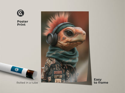 Poster Print of a Mohawk Turtle artwork. The image is rolled in a tube ready to frame. This punk rock animal art features a turtle with a mohawk headphones scarf and jacket. Perfect for those seeking an animal pop culture art piece. Elevate your space with this eclectic man cave decor.