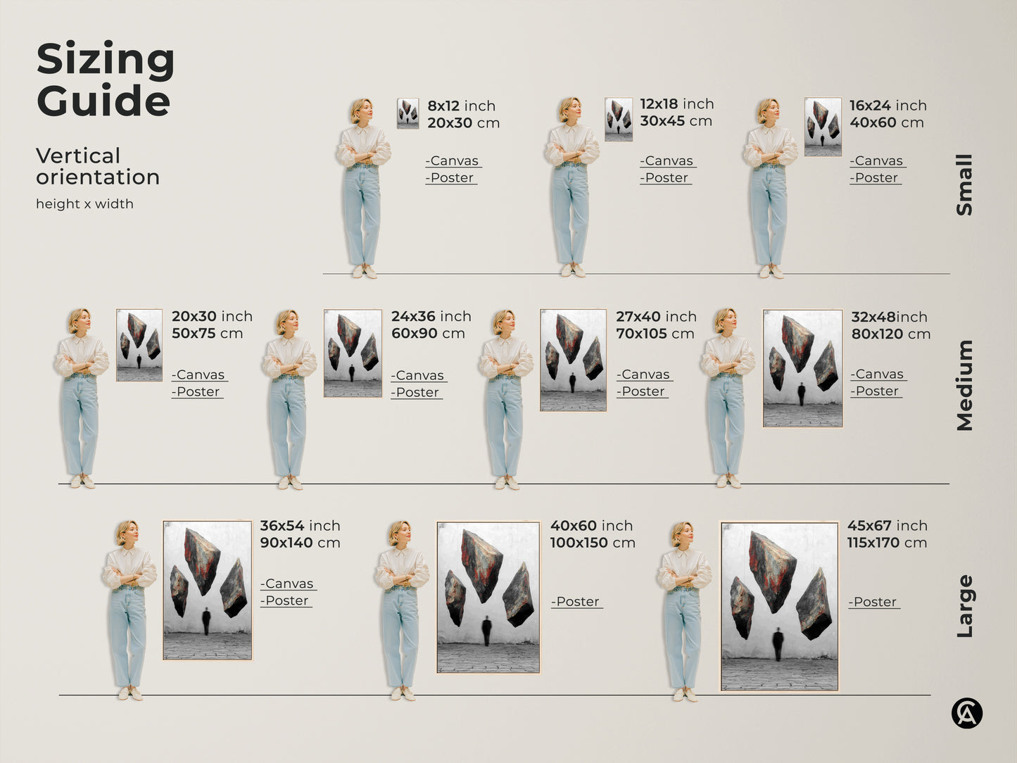 Explore sizing guide options for surreal floating rocks artwork. From 8x12 inches to 45x67 inches find the perfect size for your space. Visualize the canvas and poster options with a person for scale. Discover conceptual art wall art for your office or study room. Perfect for unique housewarming gift.