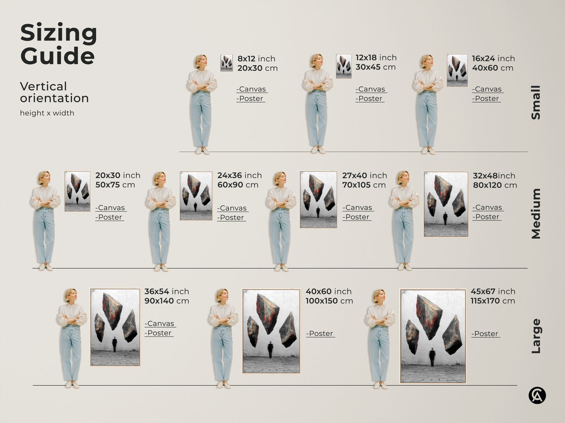 Explore sizing guide options for surreal floating rocks artwork. From 8x12 inches to 45x67 inches find the perfect size for your space. Visualize the canvas and poster options with a person for scale. Discover conceptual art wall art for your office or study room. Perfect for unique housewarming gift.