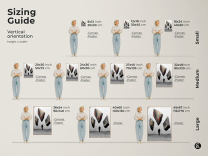 Explore sizing guide options for surreal floating rocks artwork. From 8x12 inches to 45x67 inches find the perfect size for your space. Visualize the canvas and poster options with a person for scale. Discover conceptual art wall art for your office or study room. Perfect for unique housewarming gift.