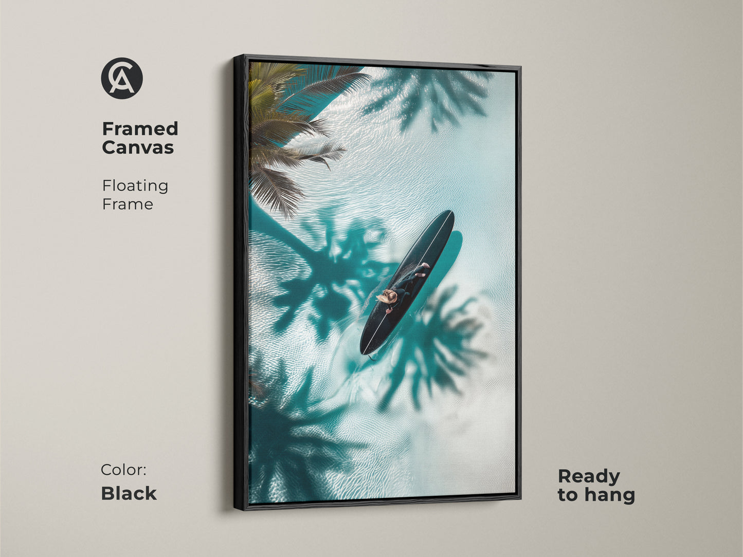 Enhance your decor with this framed canvas art in black. It features a surfer resting on turquoise water with palm shadows. The floating frame adds a touch of sophistication to this coastal artwork. Ready to hang this piece brings a tranquil vibe to any space. Perfect for modern art lovers.