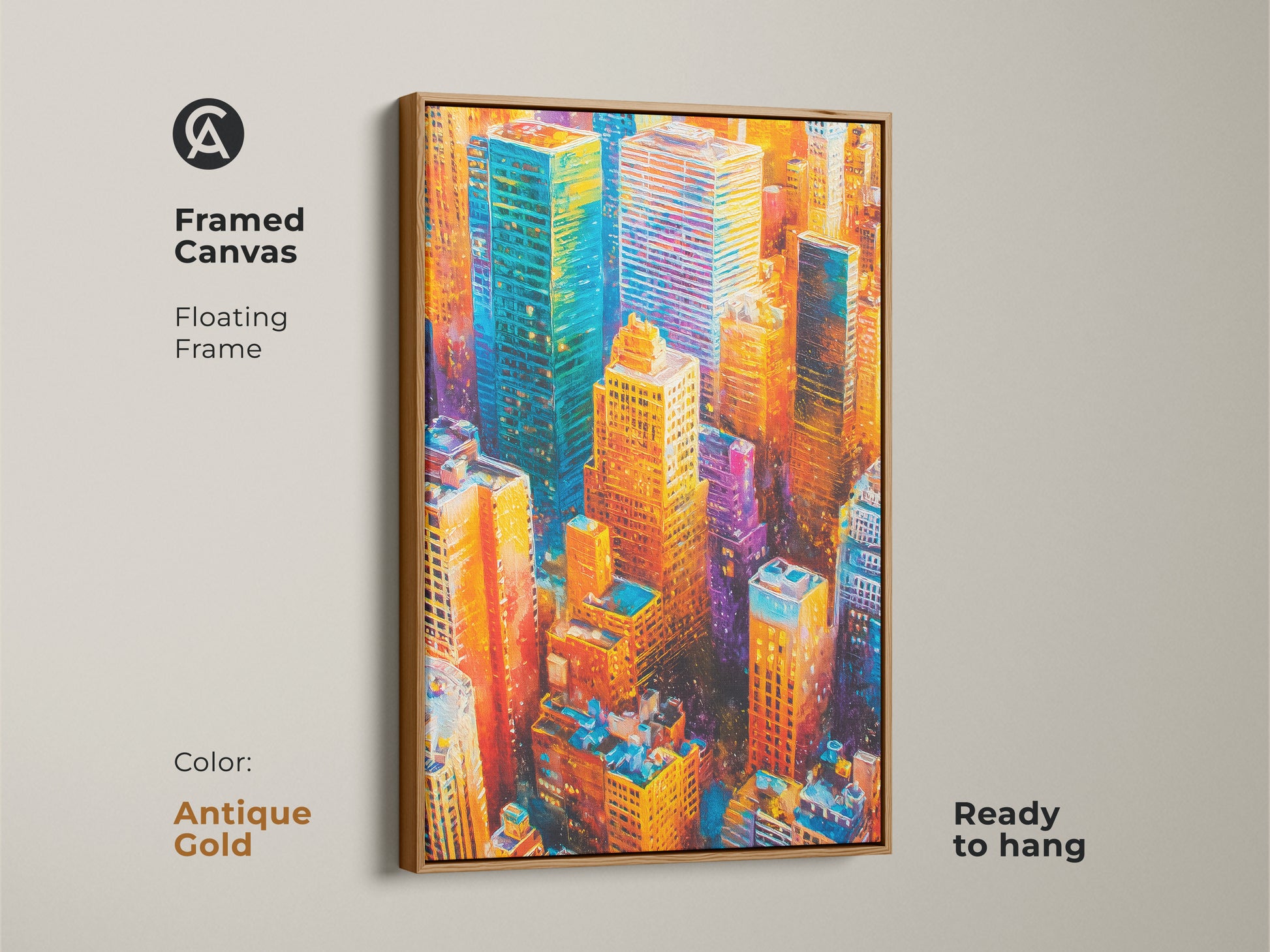 Framed canvas featuring cityscape artwork with a white floating frame. This stunning piece showcases vibrant skyscrapers in blues oranges and yellows. Ready to hang. The white frame offers a clean modern look. This urban art captures the energy of a metropolis. Perfect for adding sophistication to any space