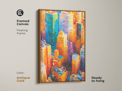 Framed canvas featuring cityscape artwork with a white floating frame. This stunning piece showcases vibrant skyscrapers in blues oranges and yellows. Ready to hang. The white frame offers a clean modern look. This urban art captures the energy of a metropolis. Perfect for adding sophistication to any space