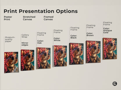 Various print presentation options for punk rock dog canvas art. Options include poster print stretched canvas and framed canvas. Framed canvas options are in oak black brown and antique gold. Each features the cool dog art. Ready to hang to enhance your space. Get yours today!
