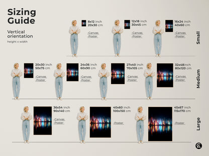 Sizing guide for vertical cityscape art. Available as canvas or poster in small medium and large sizes. Find the perfect fit for your space. Transform your walls with stunning artwork.
