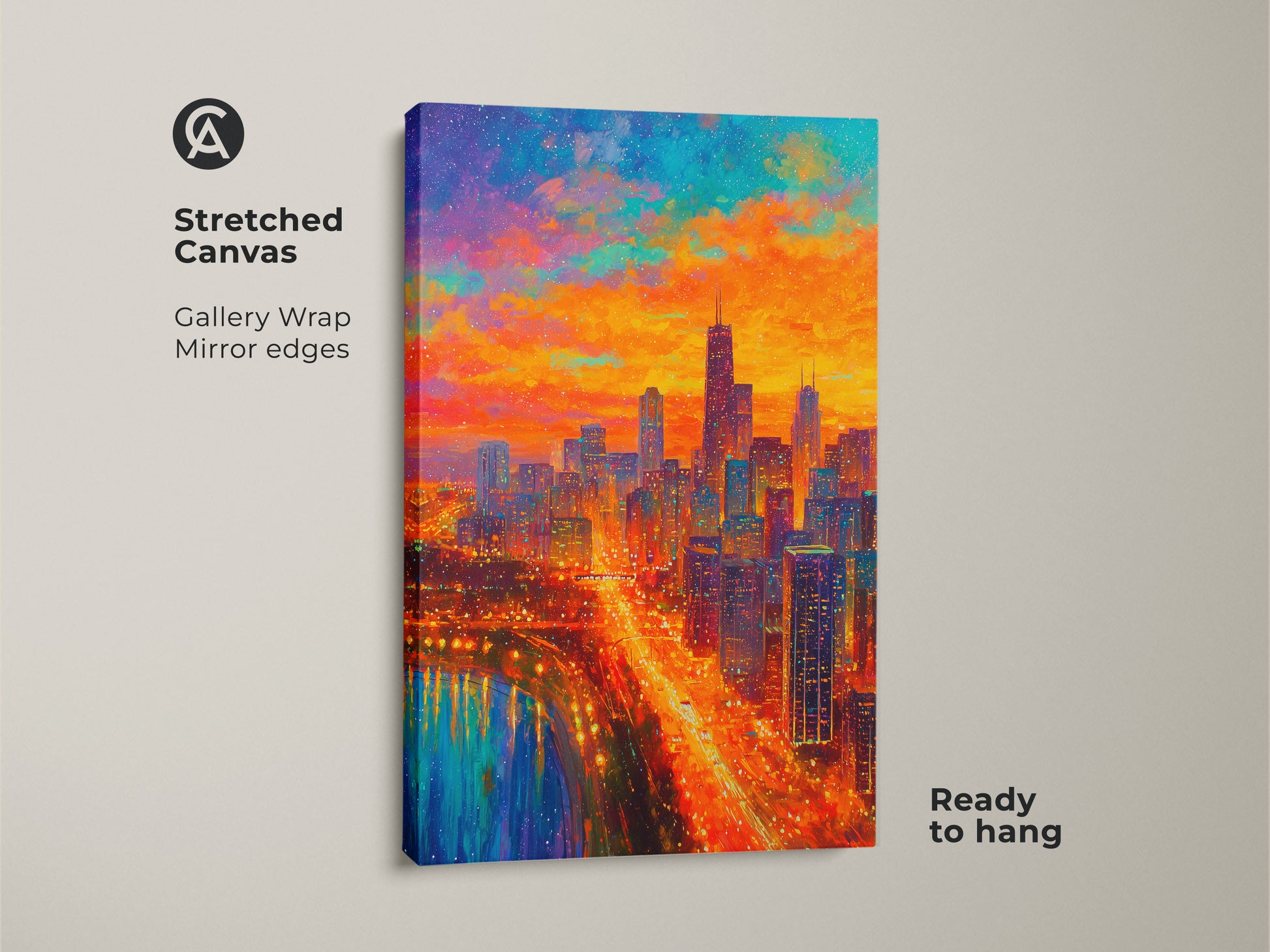 This is a stretched canvas Chicago skyline art. It features a gallery wrap with mirrored edges. The colorful artwork is ready to hang. It will bring urban beauty to your home decor. Get this vibrant cityscape art today