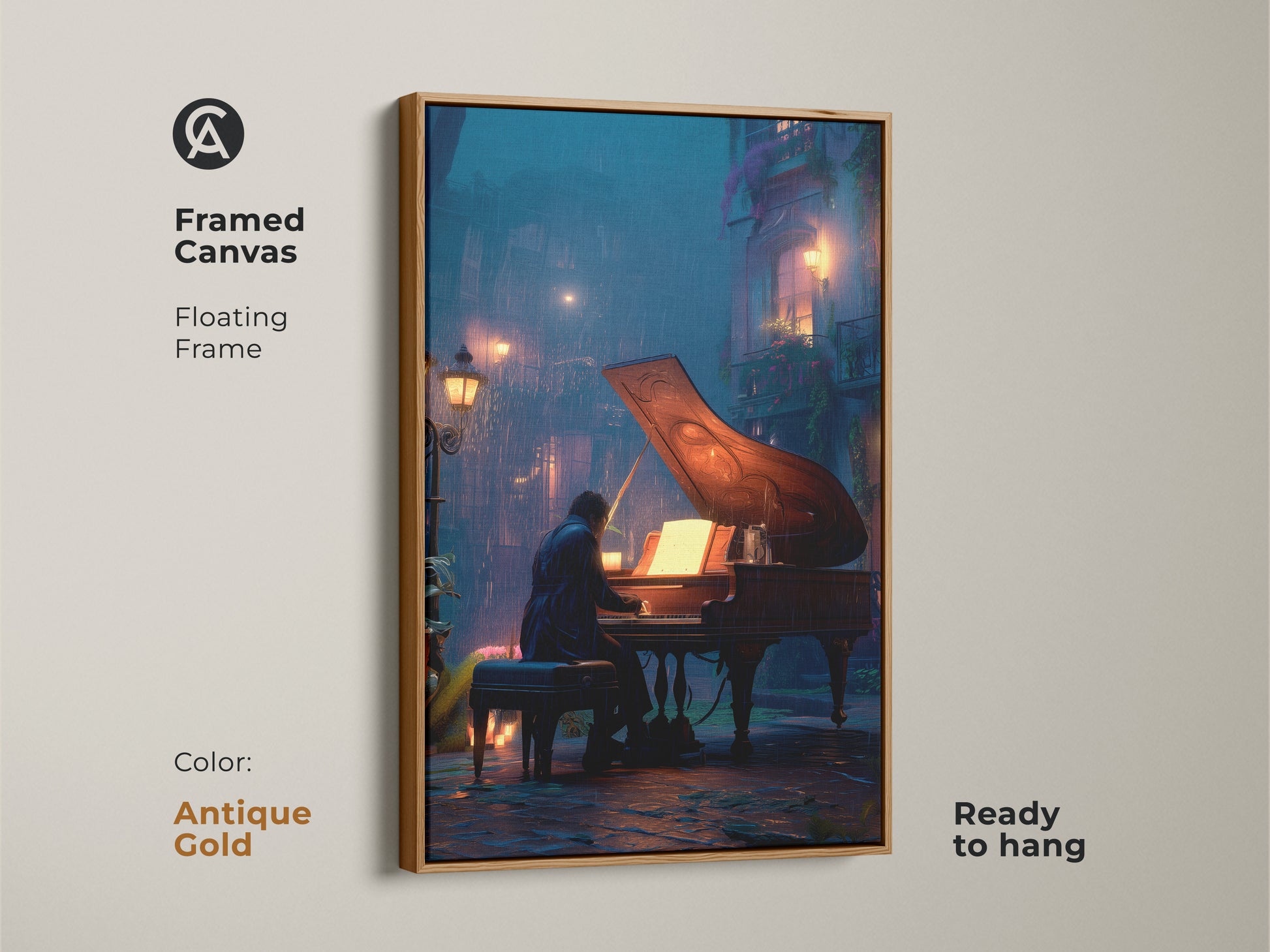 This antique gold frame highlights the dramatic rainy art on canvas. The piece shows a pianist in a blue orange city setting. Enhance your space with this sophisticated framed print. Perfect art for music room or creative office. Buy this unique housewarming gift today.