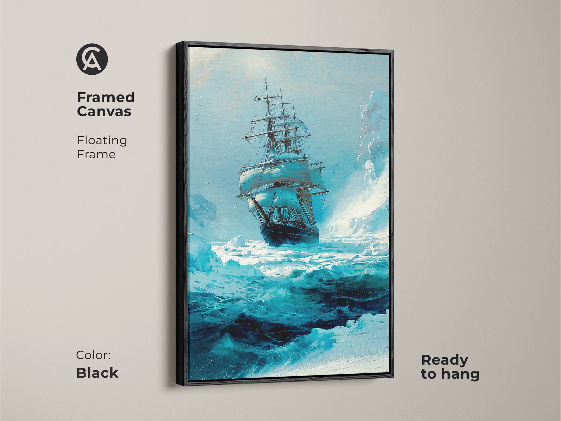 A framed canvas with a floating frame displaying nautical tall ship canvas art. This blue ocean maritime wall decor adds an adventurous touch to any room. The iceberg ocean print comes ready to hang and is a perfect sea exploration art print.